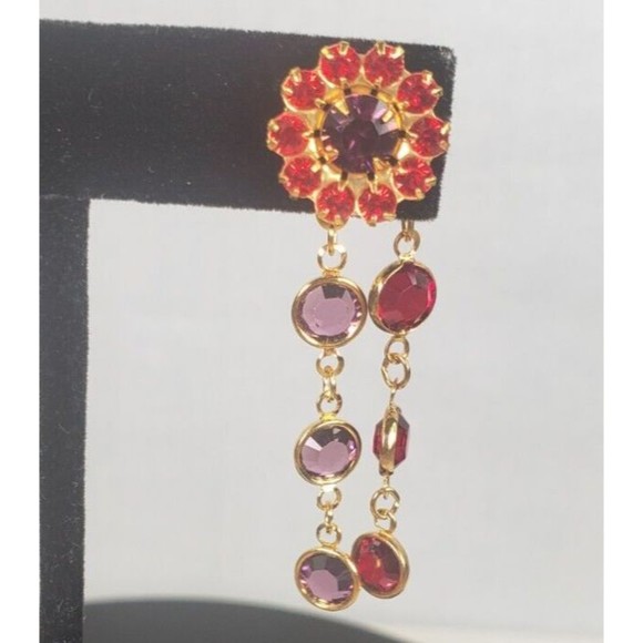 Red Hat Society Dangle Earrings Red Purple Gold Tone Chandelier Pierced - Picture 8 of 16